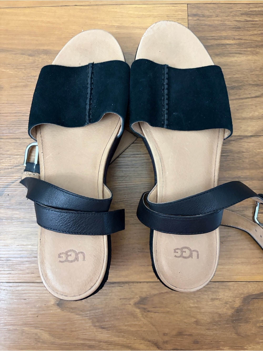 UGG Women's Black Suede & Black Leather Two-Strap Slide Sandals